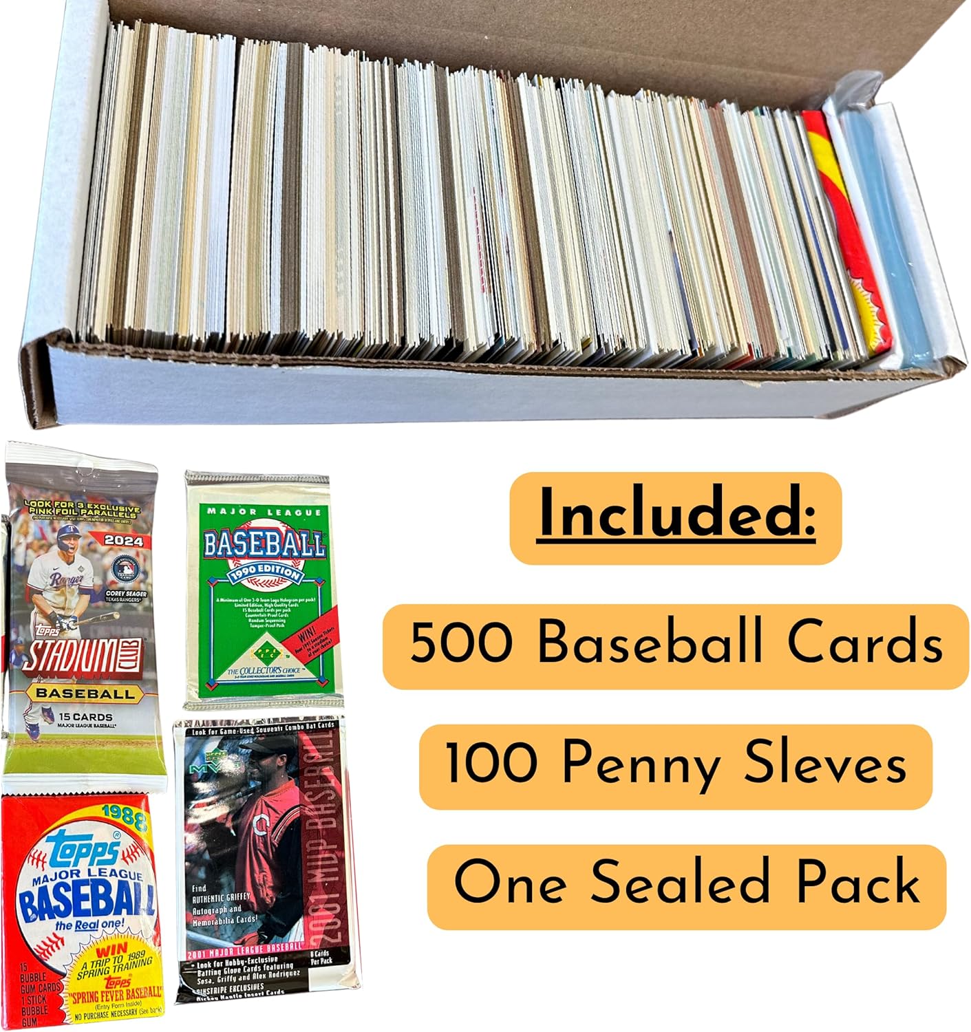 Baseball Card Mystery Box - 500 Cards Plus Sealed Pack | Loaded with Superstars and Hall of Famers - One Game Used Per Box | Autographs Inserted | 1970s to Present - Collection Starter Set
