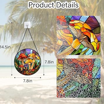 DASTOLL Stained Glass Window Hanging, Jungle Mushrooms Sun Catchers Diamond Glass Panel Hangings Plant Suncatcher Decor for Birthday for Women, Men, Wife, Aunt, and Mom 7.8 in