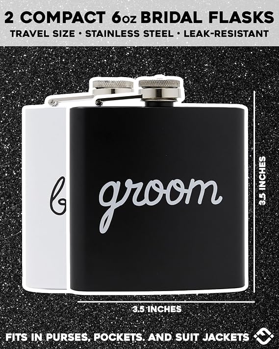 Funky Junque Bride and Groom Wedding Flask Set Stainless Steel Bride Flask and Groom Flask with Etched Sayings - 2 Pack: Groom (Black) & Bride (White)