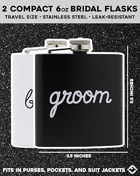 Funky Junque Bride and Groom Wedding Flask Set Stainless Steel Bride Flask and Groom Flask with Etched Sayings - 2 Pack: Groom (Black) & Bride (White)