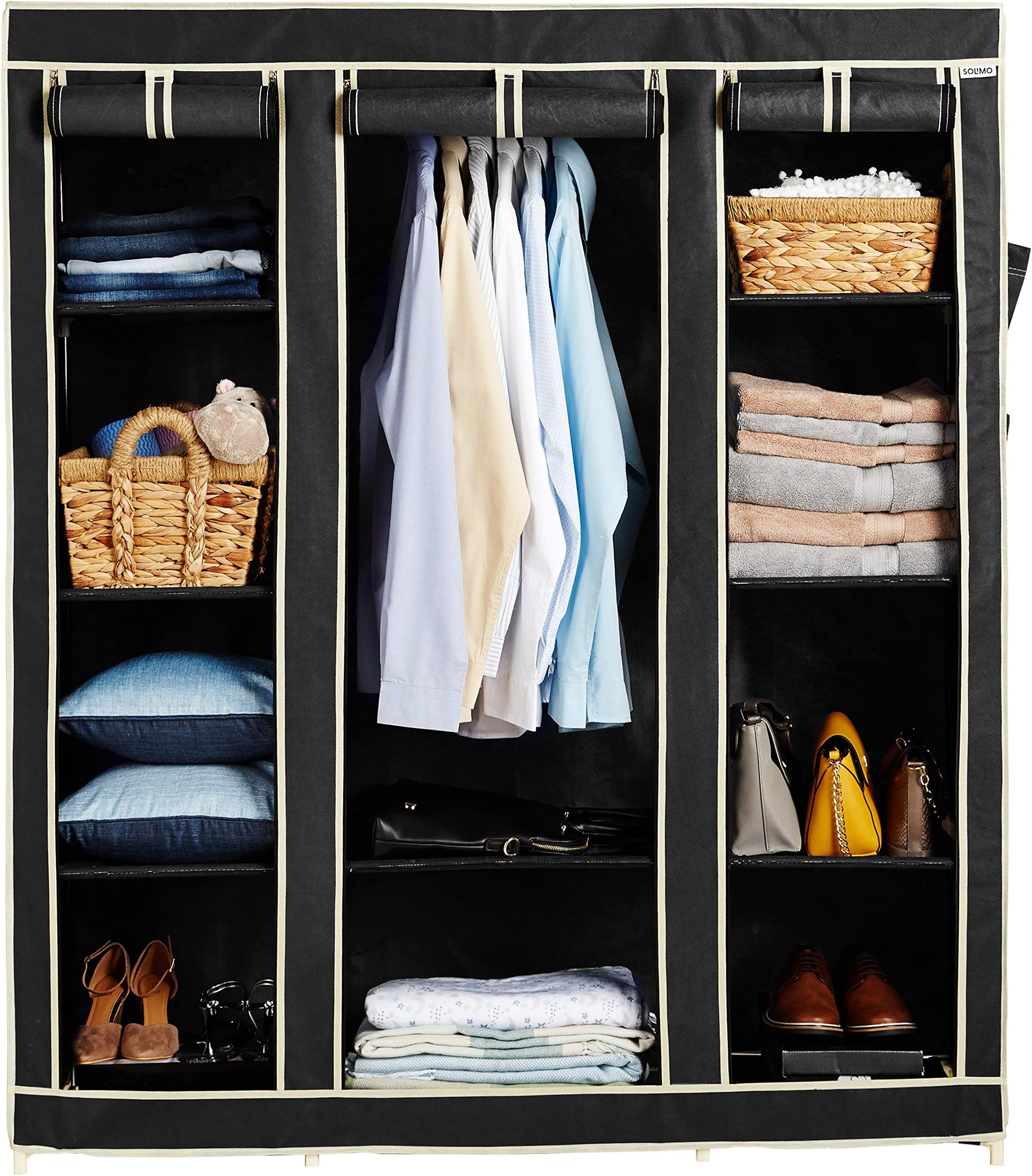 Amazon Brand - Solimo 3-Door Foldable Wardrobe, 10 Racks, BlackPlastic,138 x 44 x 162 Centimeters