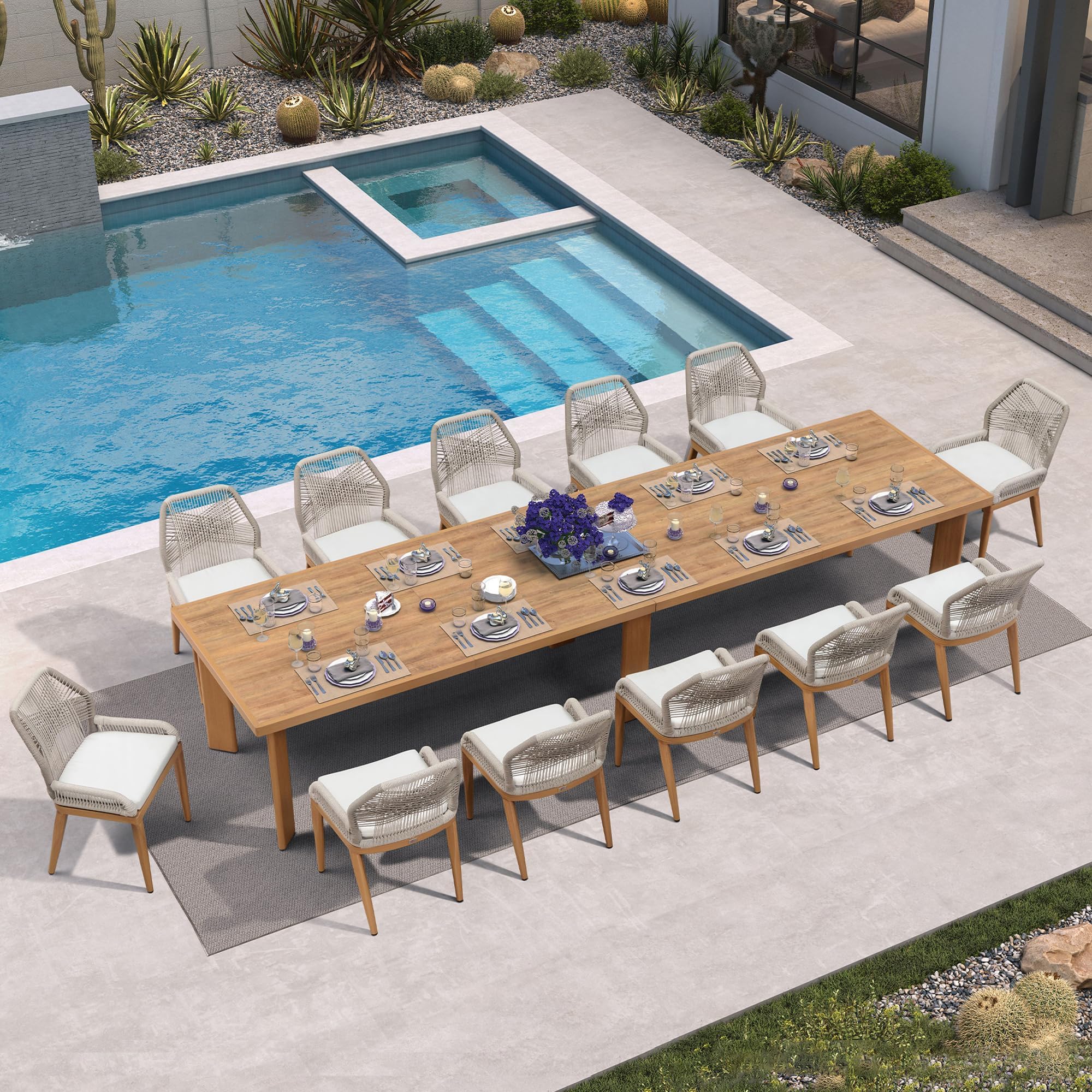PURPLE LEAF 13 Pieces Patio Dining Set with Cushion and Wicker Back, Teak
