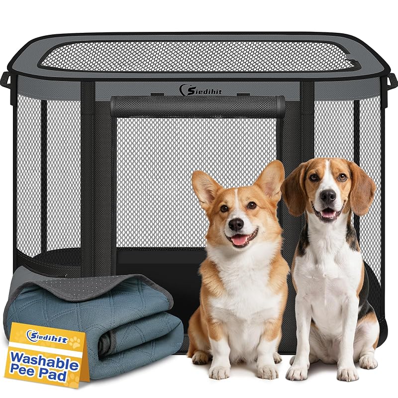 Cercado dobrável portátil para cães Siedihit com tapete higiênico lavável, Cinza-escuro, 91,4 x 71,1 x 61 cm