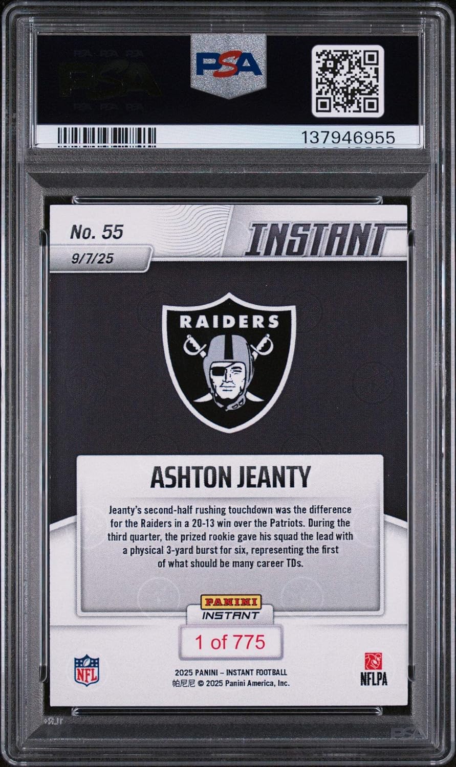 Graded 2025 Panini Instant Ashton Jeanty #55 Rookie RC Football Card PSA 10 Gem Mint