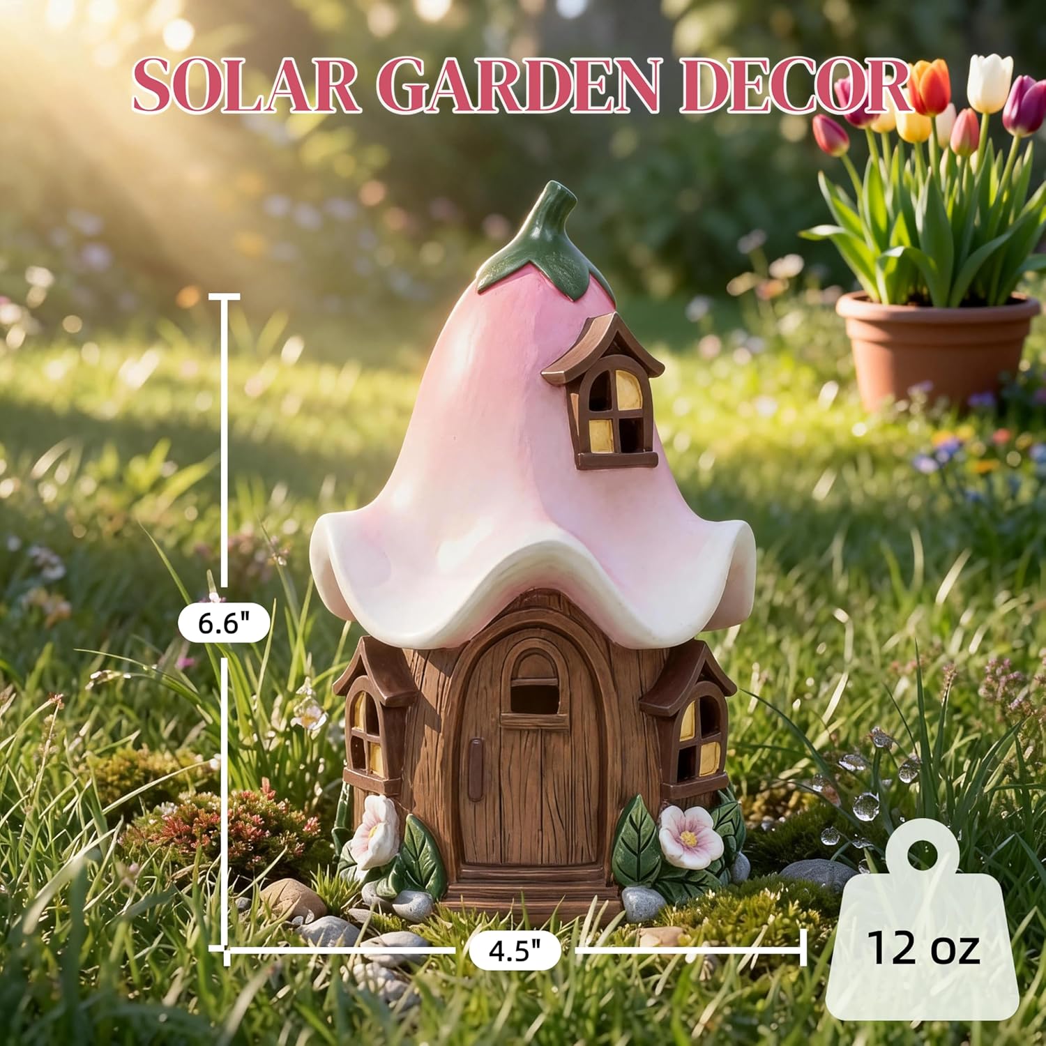 Solar Fairy Garden House, Whimsical Flower Cottage Fairy Figurines with Automatic Solar Lights, Hand-Painted Resin Garden Statue Unique Gift for Outdoor, Patio, Yard Art, Balcony, Porch Decor