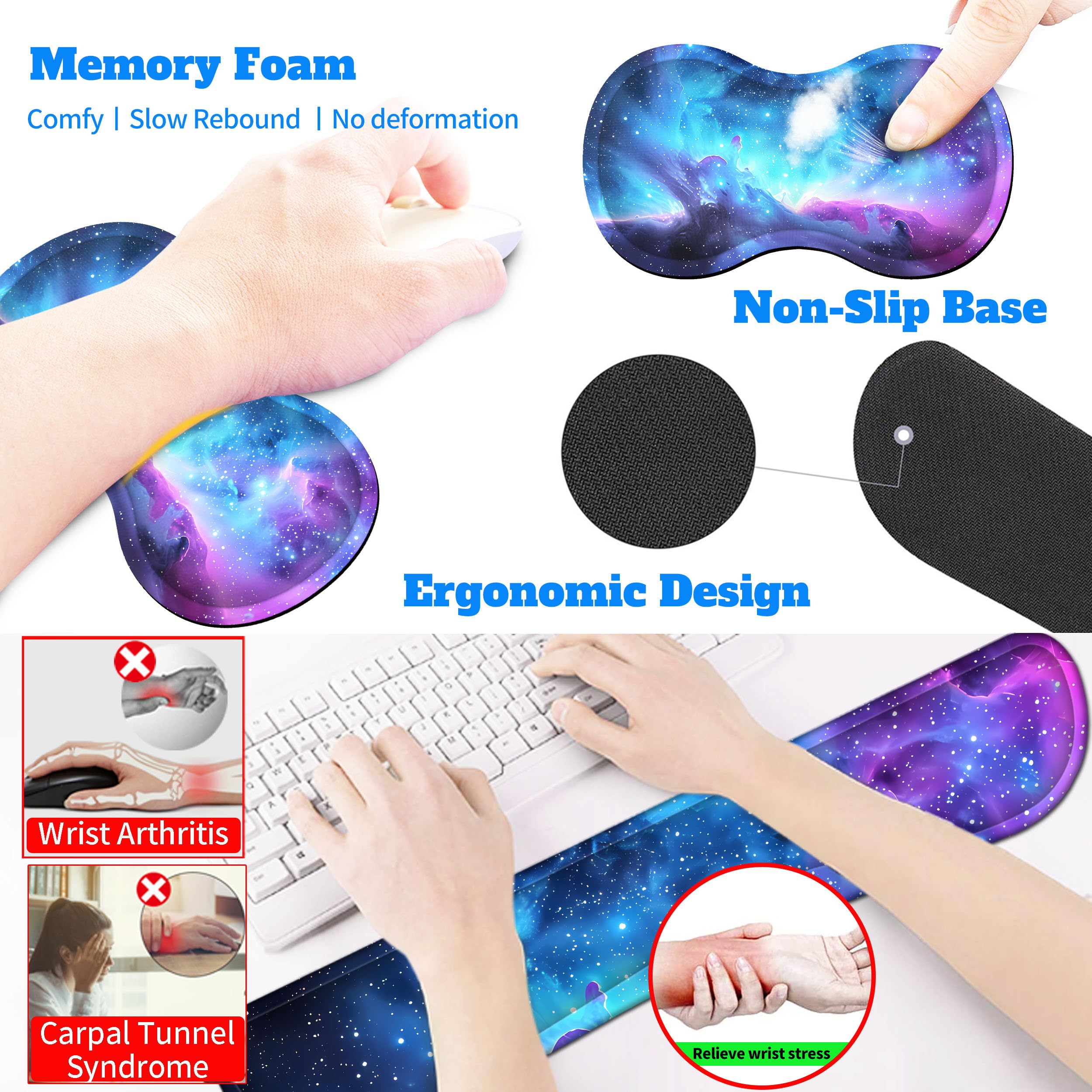 4-teiliges erweitertes großes Mauspad-Set für Damen und Herren mit Galaxie-Design, inklusive 35,4 x 15,7 cm großes XXL-Mauspad, Tastatur-Handgelenkauflage, Maus-Handgelenkstütze und