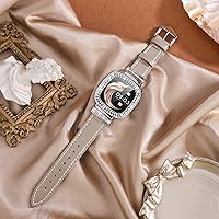 Vista 3 de Correa de reloj de cuero compatible con Fitbit Sense 2/Versa 4, hebilla de metal con diamantes de imitación para mujer Versa 3/Sense (plata/beige)
