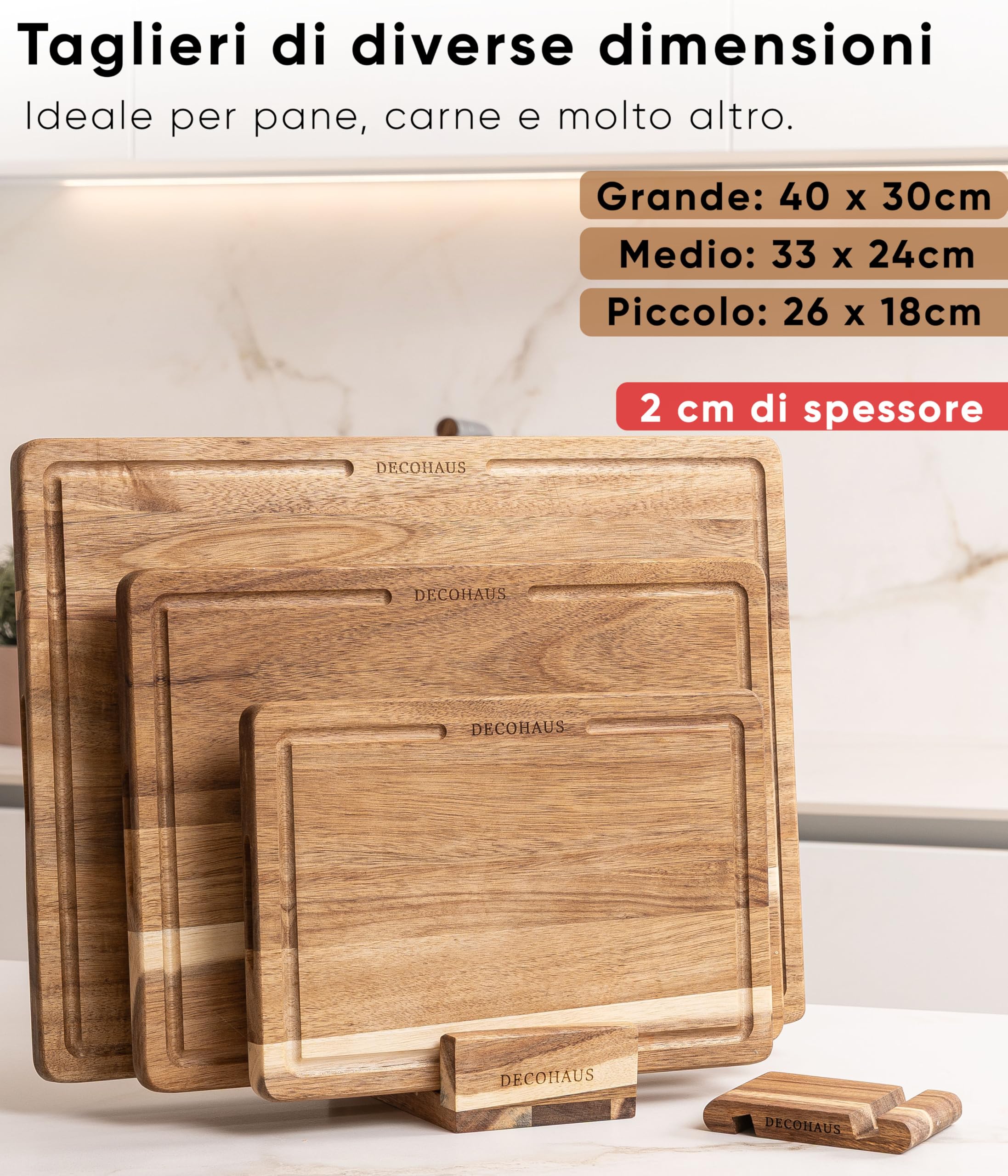 Deco haus Set di 3 Taglieri in legno di acacia robusta con scanalatura [SPESSORE 2 cm] - Taglieri con scanalatura per il succo - Chopping board 40x30, 33x24, 26x18