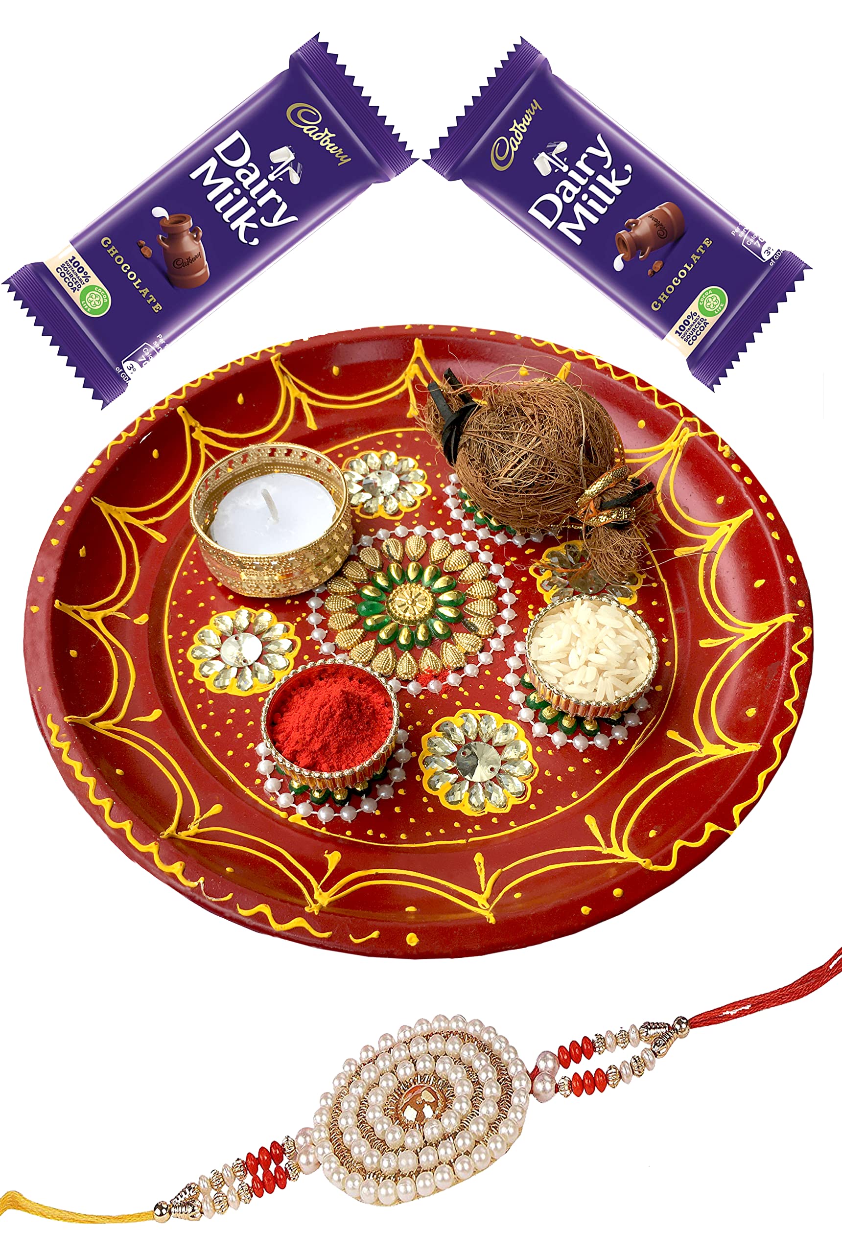 CLUZE Exclusive Rakshabandhan Gift for Brother - Decorative Handcrafted Rakhi Pooja Thali set with 2 Dairy Milk Chocolate, Roli Chawal, Artificial Coconut, Candle, Rakhi Set (B0B5PK6HBT) Amazon Price History, Amazon Price Tracker