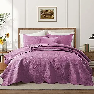 IR Imperial Rooms Queen Quilt Bedding Set Size (90" x 96") + 2 Pillow Shams (20" x 26"+ 2") - 3 Pcs All Season Lightweight Reversible Microfiber Coverlet Floral Embossed Quilt Bedspread (Purple)