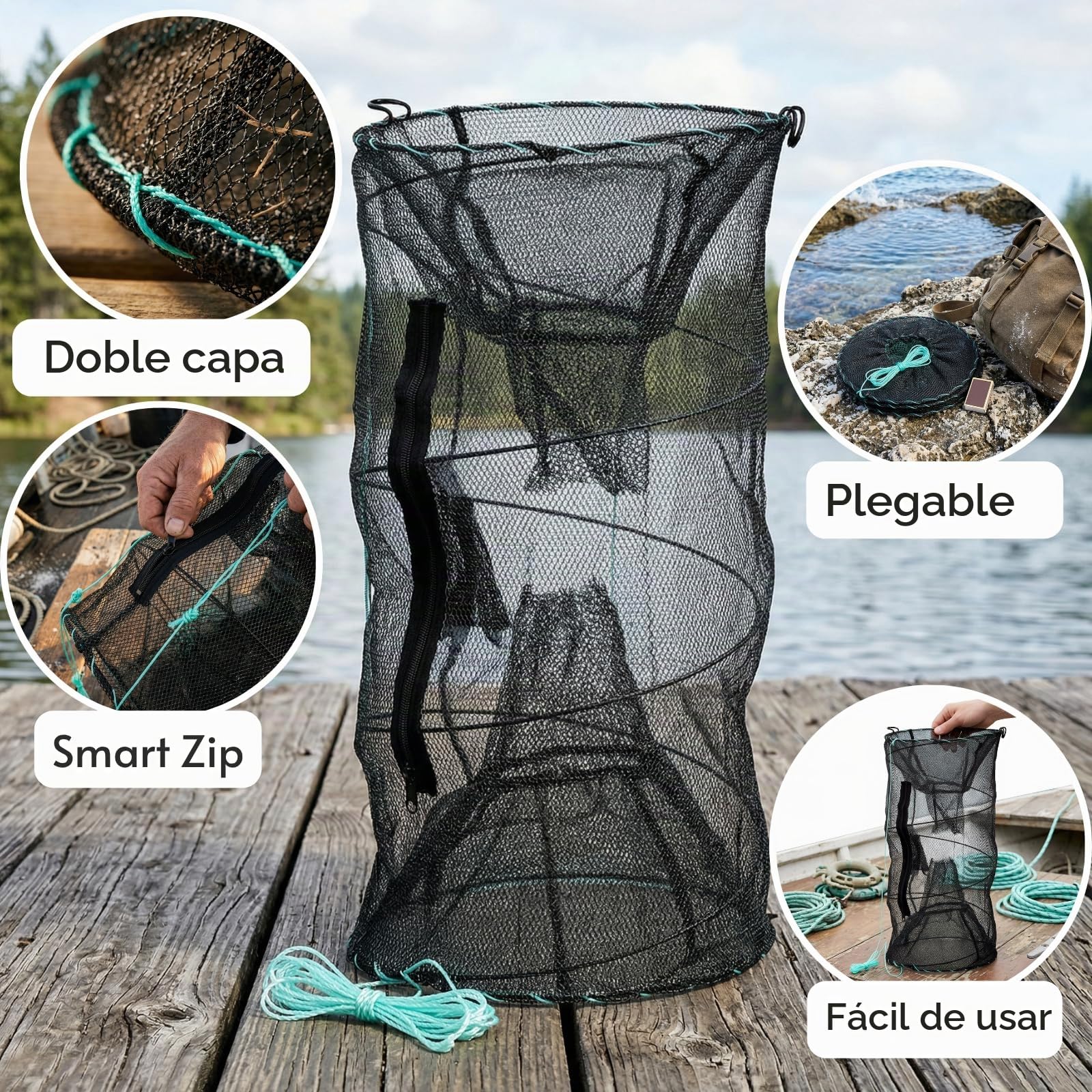 ZENFUN Juego de 2 Trampas de Cebo de Pesca y Trampa de Cangrejo, Red de Fundición Plegable, Accesorios