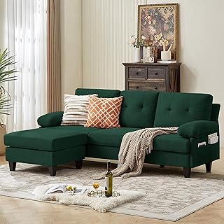 86" Convertible Sectional Sofa, Deep 3-Seat L Shaped Couch with Ottoman and Storage Pocket, Modern Polyester Upholstered Sofa Couches for Living Room, Apartment and Small Spaces, Green