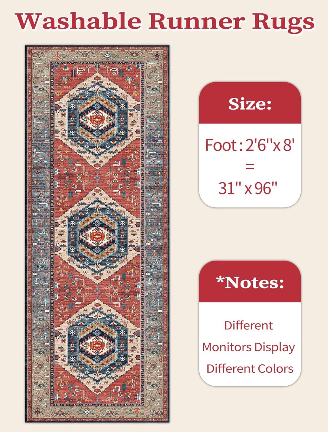 SERISSA Runner Rug for Hallways, 2'6"x8' Washable Non Slip Boho Kitchen Runner Rug, Vintage Rust Ultra Soft Print Distressed Tribal Floor Carpet for Bedroom Bathroom Laundry Room 2'6" x 8' (Runner) Rust/Multi image 6 of 8 B0CSW9FRJD
