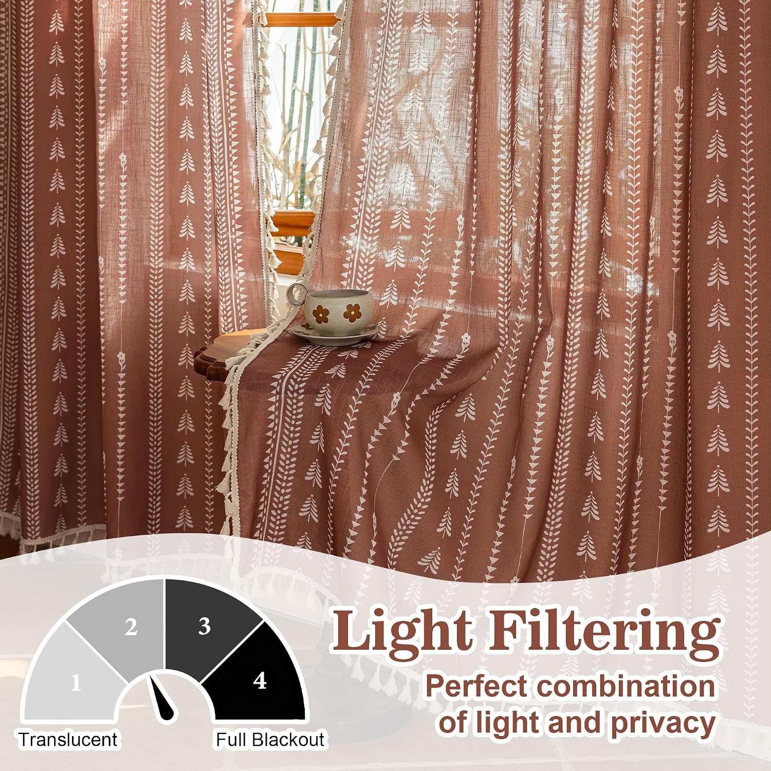 MEETSKY Boho Fall Terracotta Curtains 63 Inch Long Linen Blended Semi Sheer