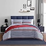 Queen Comforter Set, Ultra Soft Bedding with a Woven Textured Feel, Medium Weight for Year Round Comfort, 3 Piece Bed Set with Matching Pillowcases (Kennedy Stripe Navy)