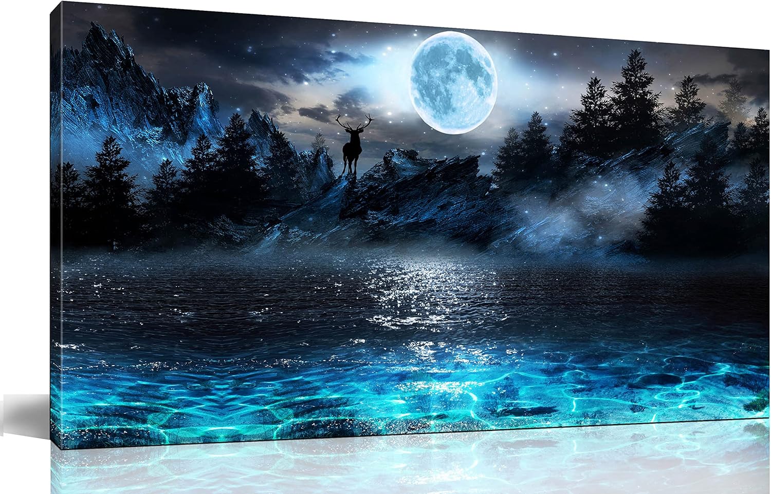 Moon Sea Ocean Wall-Art For Living Room Large Size - Blue Wall Decor For Bedroom - Forest Wall Art Ready To Hang 29" x 59"