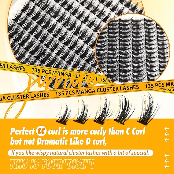 JIMIRE Manga Cluster Lashes Kit Natural Look 10-16MM 135Pcs Anime Lash Clusters CC Curl Wispy Eyelashes Individual Kit with Lash Bond and Seal Natural Lashes Individual Cluster