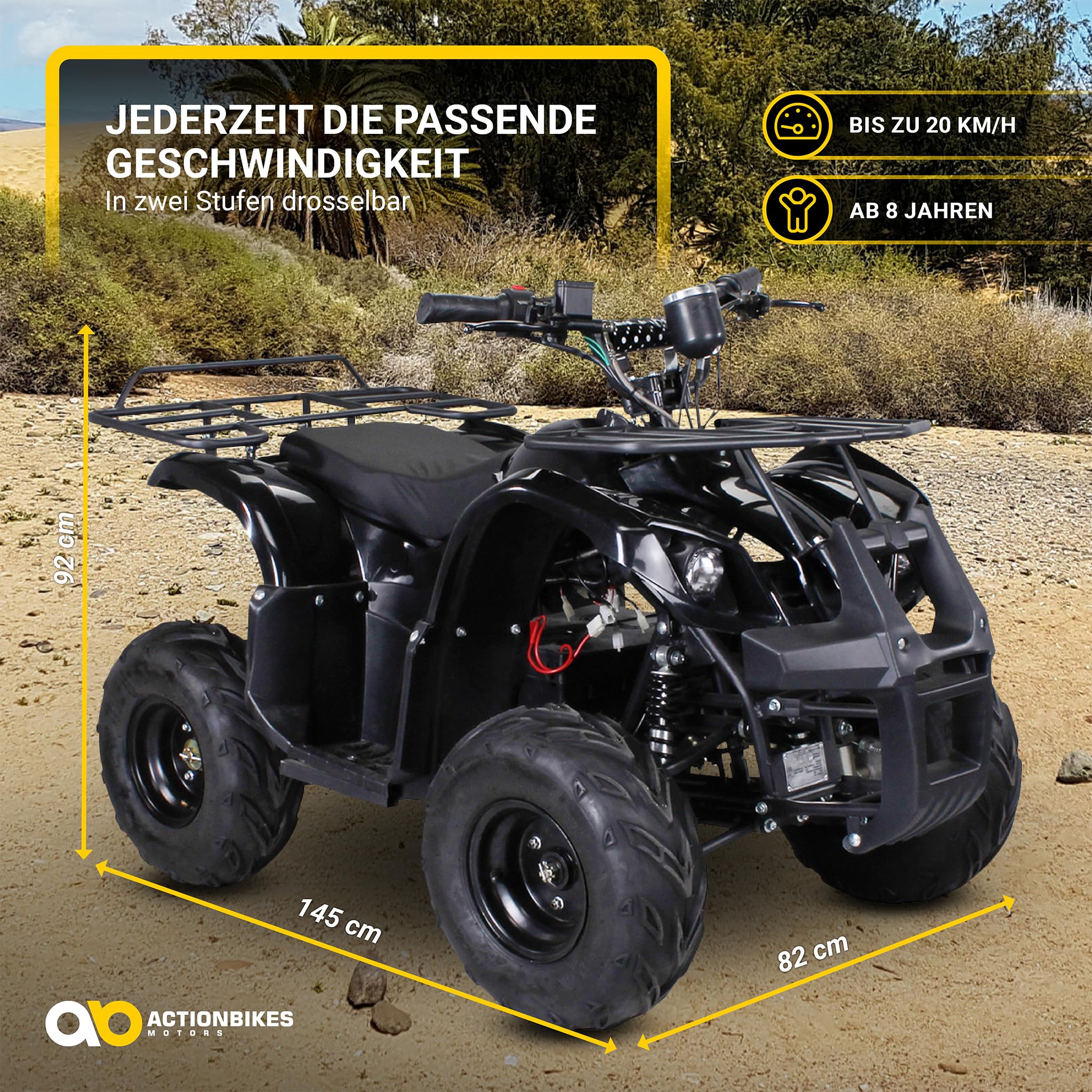 Actionbikes Motors Kinder Quad Elektro ATV S-8 Farmer | 𝟒𝟖 Volt 𝟭𝟬𝟬𝟬 Watt Motor bis 𝟐𝟬 km/h - Kinderquad - Pocket Quad - Scheibenbremsen - Miniquad - Für Kinder ab 8 Jahren (Schwarz)