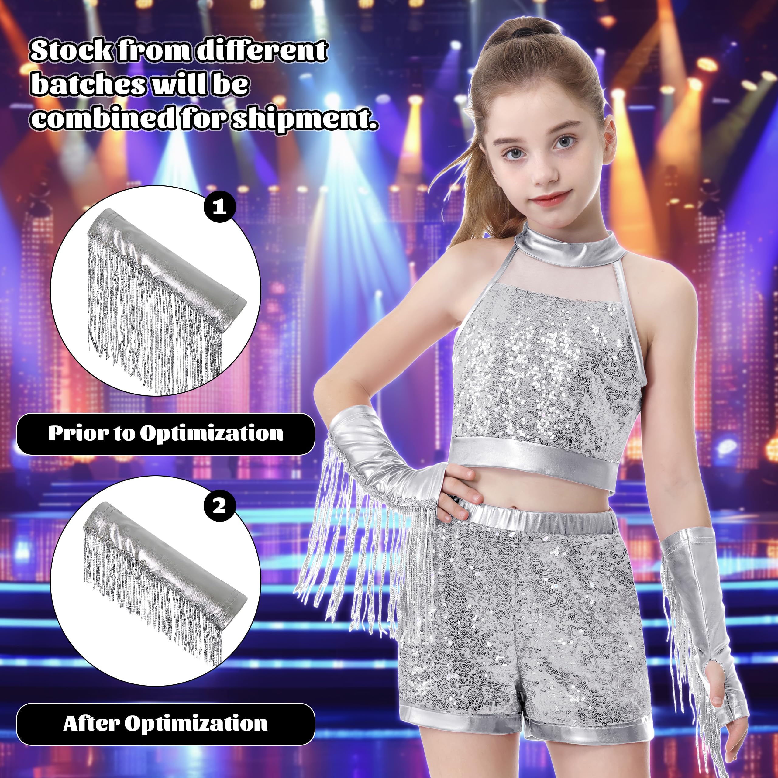 LOLANTA Costume de Danse Filles à Paillettes, Tenue Hip Hop Jazz Brillante, Vêtements de Danse Streetwear Enfant avec Top Court Sans Manches et Short
