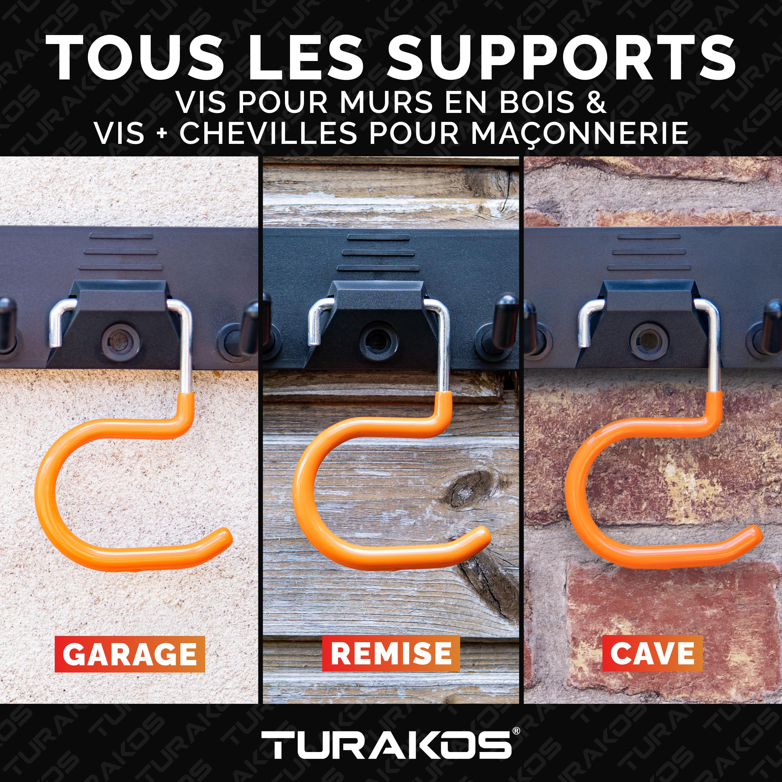 Support outils jardin - 4 x 40cm - porte outils de jardin mural en gomme antidérapant - crochet mural garage