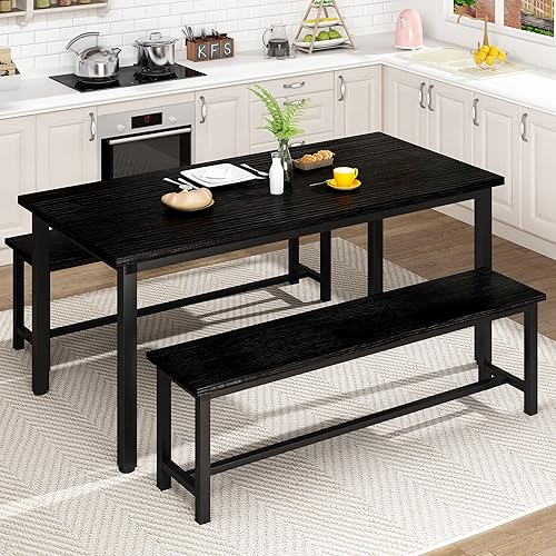 DKLGG Juego de mesa de comedor para 4, mesa de cocina de 47.2 pulgadas con 2 bancos, juego de mesa de comedor de granja de 3 piezas, comedor que