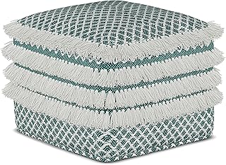 SIMPLIHOME Leah Boho Square Woven Outdoor/ Indoor Pouf in Turquoise and White Recycled PET Polyester for the Living Room, Family Room, Bedroom and Kids Room