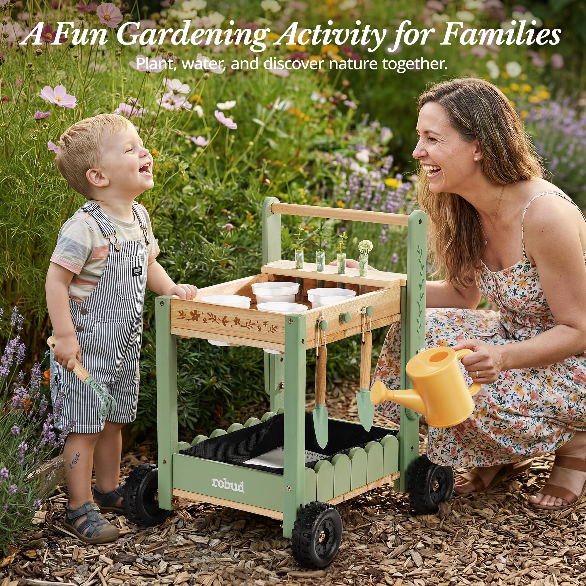 ROBUD Herramientas de jardín para niños con carro de madera, herramientas de jardín con regadera, pala, rastrillo manual, macetas y tubos hidropónicos, juego educativo de jardín para niños y niñas a