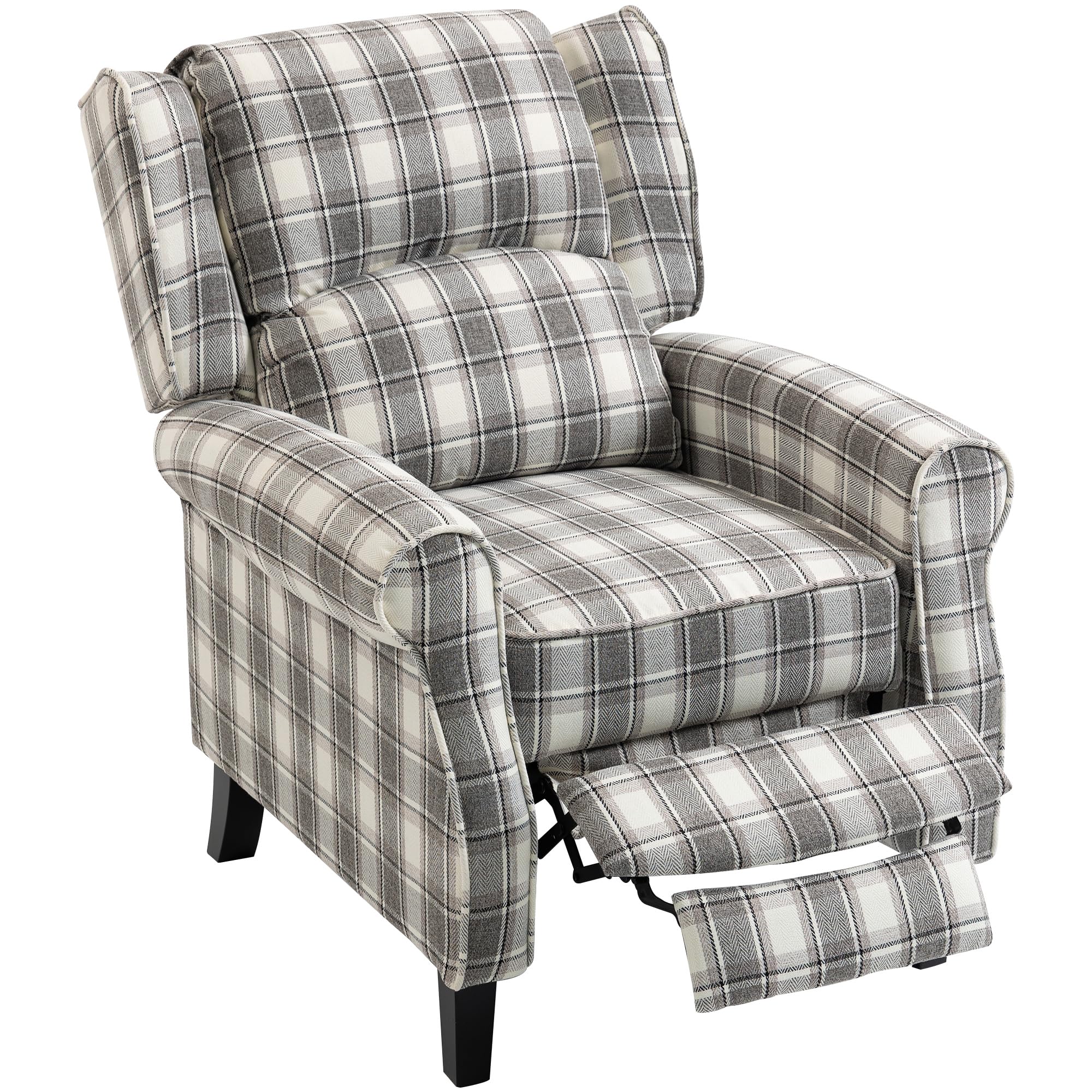 HOMCOM Farmhouse Recliner Armchair for Living Room, Wingback Reclining Chair with Footrest, Round Armrests and Rubber Wood Legs, Grey and White