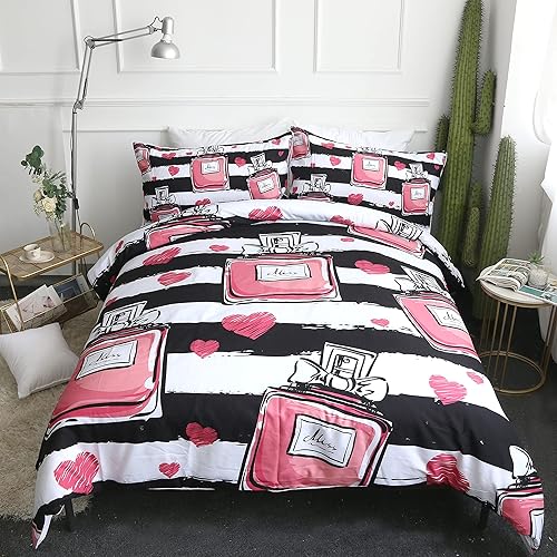 Juego de funda de edredón de moda con patrón de botellas de perfume, colcha con rayas blancas y negras con corazones rosados, juego de ropa de cama