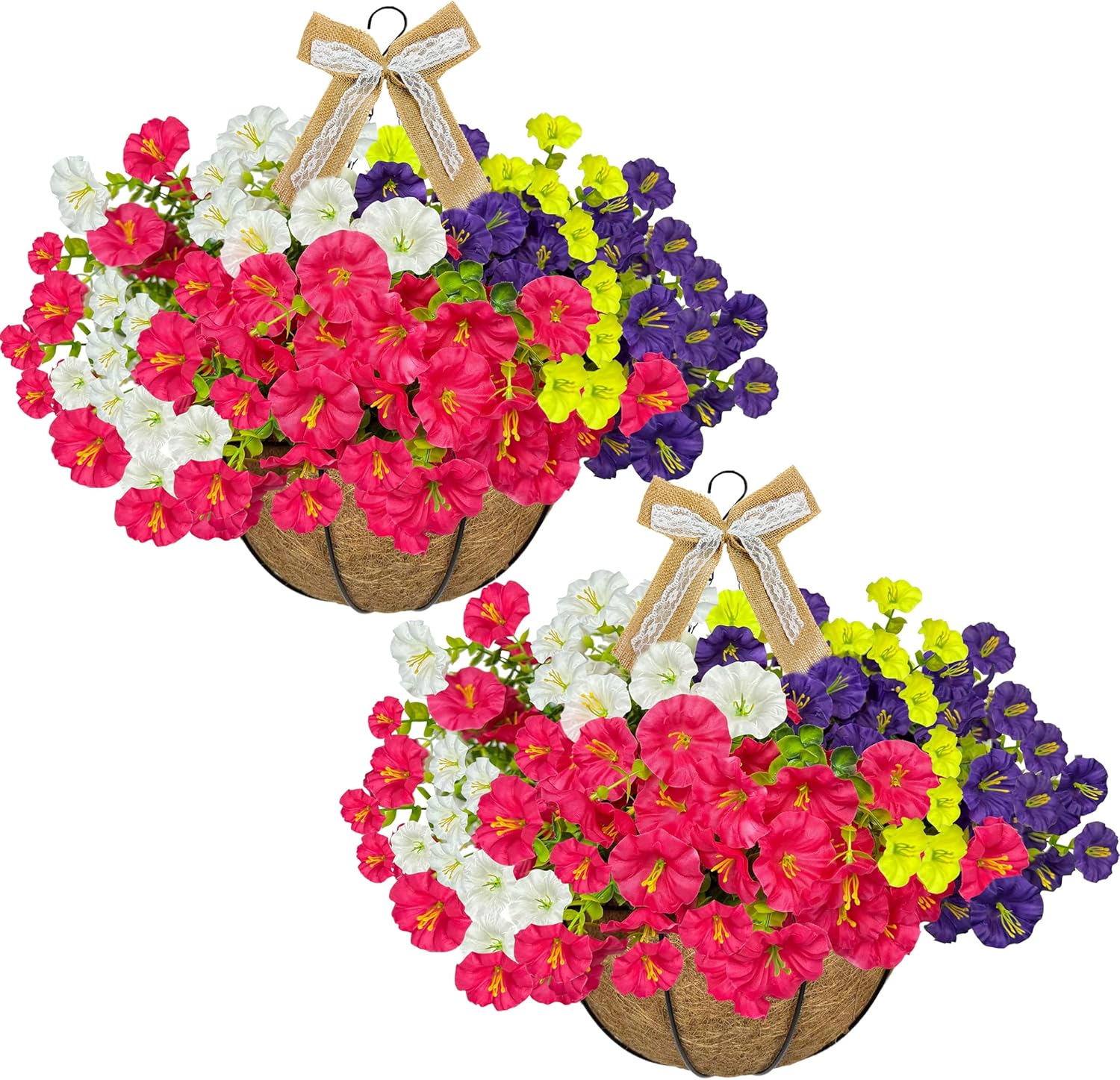 2-Pack Artificial Hanging Flower Baskets with Morning Glory & Linen Bows, Fake Hanging Plants with 36 Pcs UV Resistant Silk Flowers for Spring Summer Indoor Outdoor Garden Porch Patio Decor