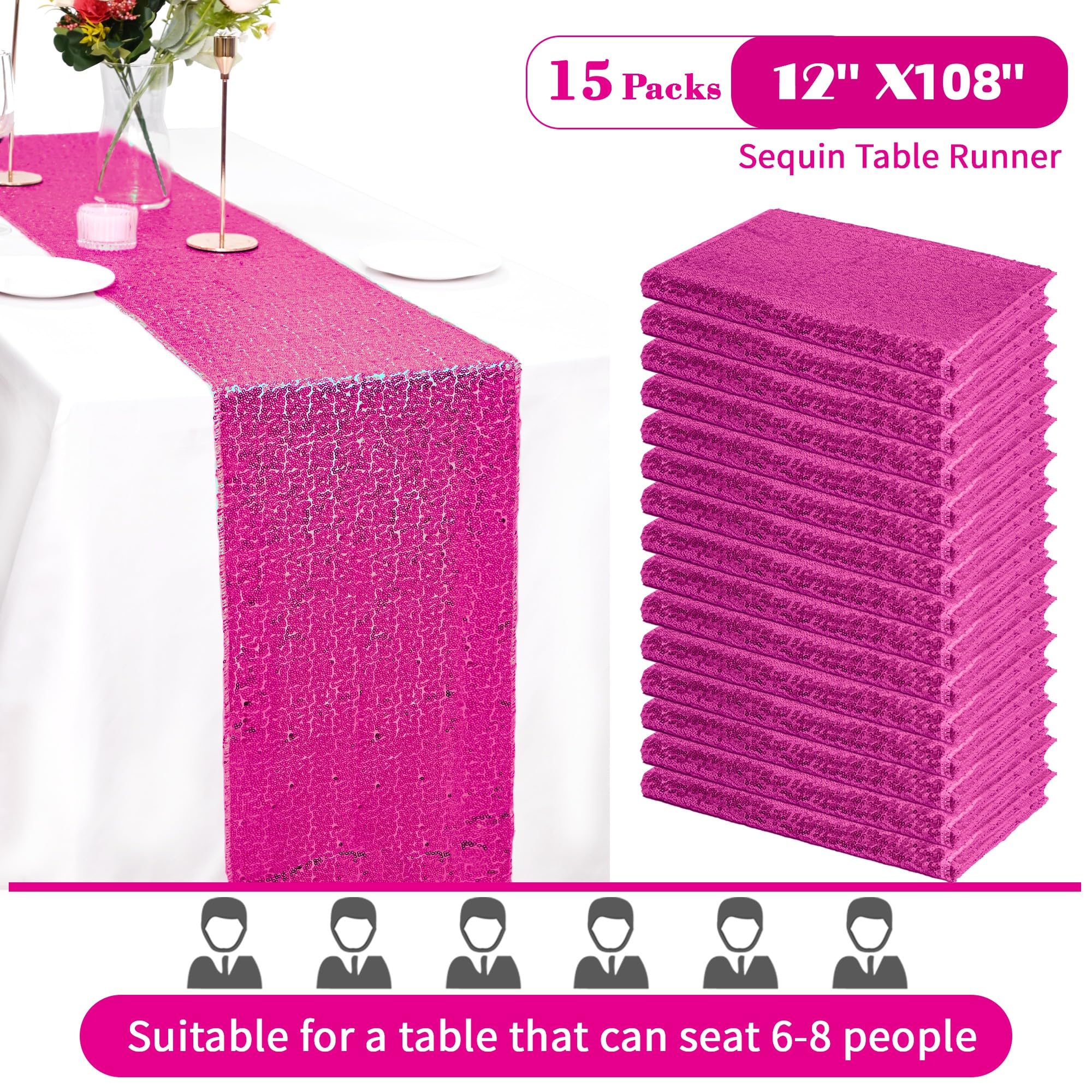 Confezione da 15 runner da tavola con paillettes, 30,5 x 274 cm, colore: rosa acceso, runner da tavola con paillettes metallizzate, glitter, per matrimoni, ricevimenti, feste di fidanzamento, feste di