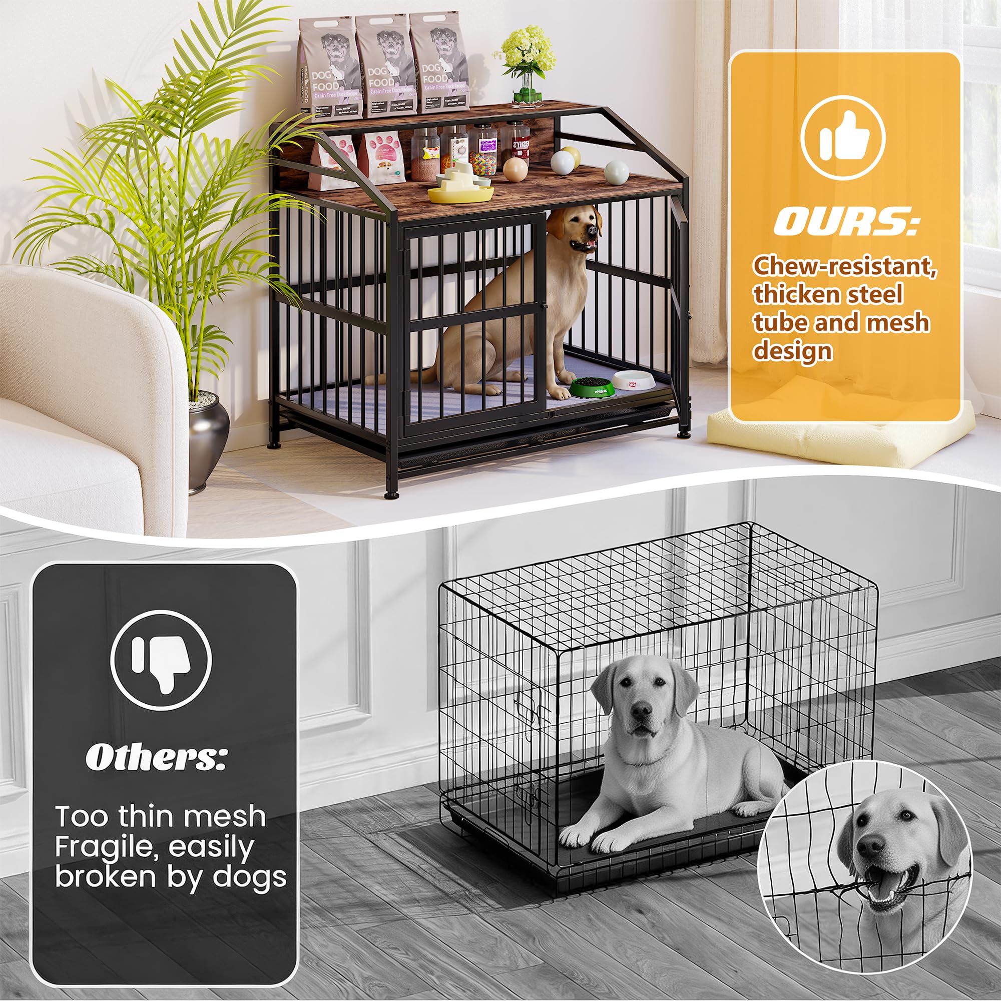 Hundekäfig Möbel, 100cm Hundebox für Zuhause, 2 Türen, Moderne Hundebox Indoor für Hunde, Beistelltisch, Hundekäfig Hochbelastbar 100 x 63 x 90 cm mit Waschbarer Decke & Abnehmbarem Tablett