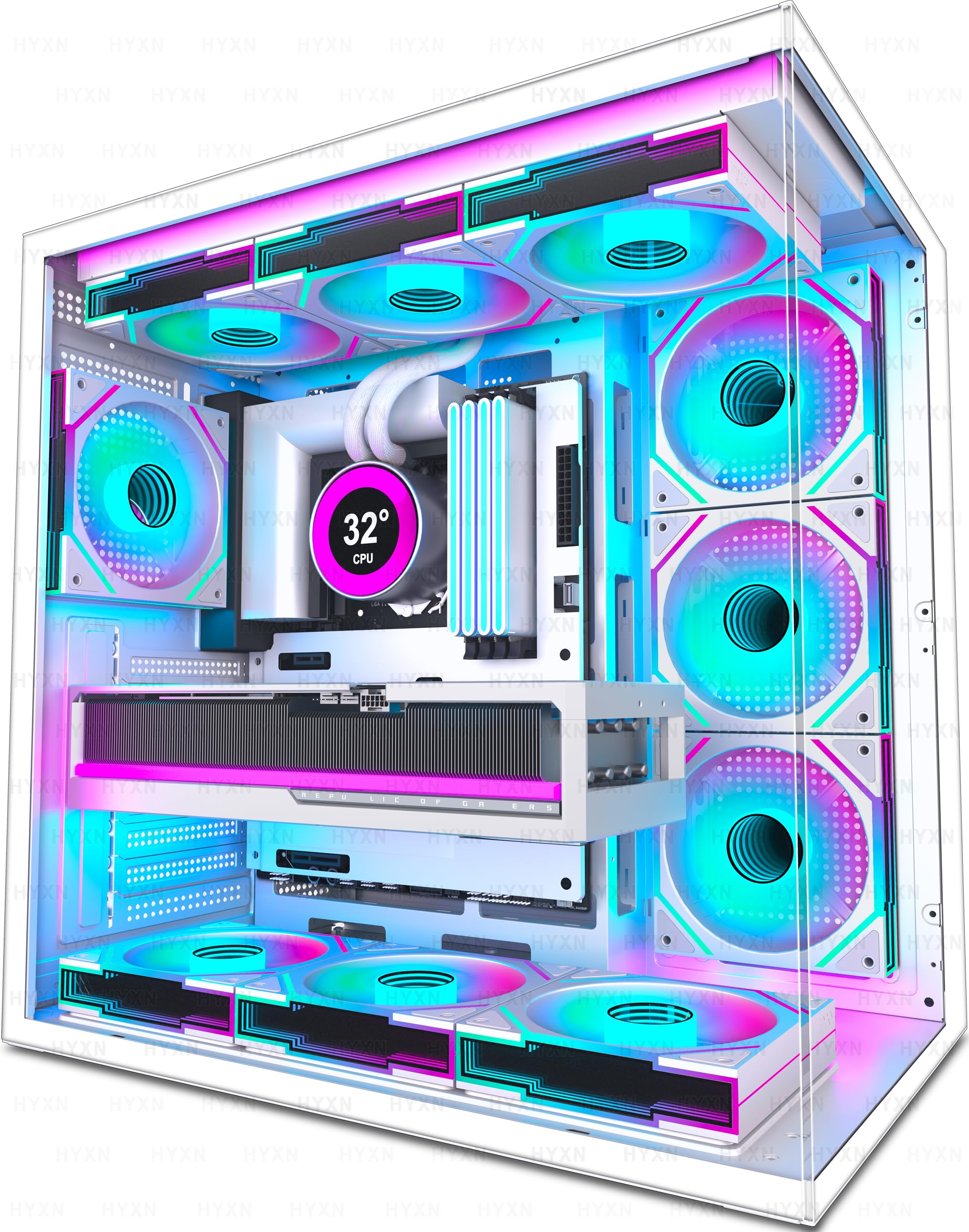 H1 ATX PC Case-Pre-Installed 7 PWM ARGB Fans, Dual Chamber Mid-Tower Gaming PC Case, with Type-C, Simultaneous Installation of 3x 360mm Radiators, Black (Black, H1) — view 13