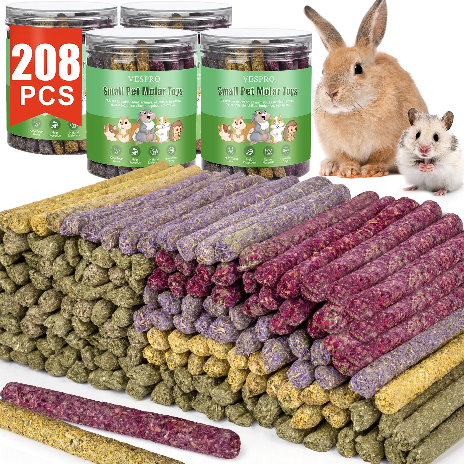 VESPRO 208Pcs Rabbit Chew Sticks, Guinea Pig Toys, Natural Timothy Grass Molar Teeth Stick, Mixing Flowers, Roses, Calendula and Forget Me Not, Small Animals Treats