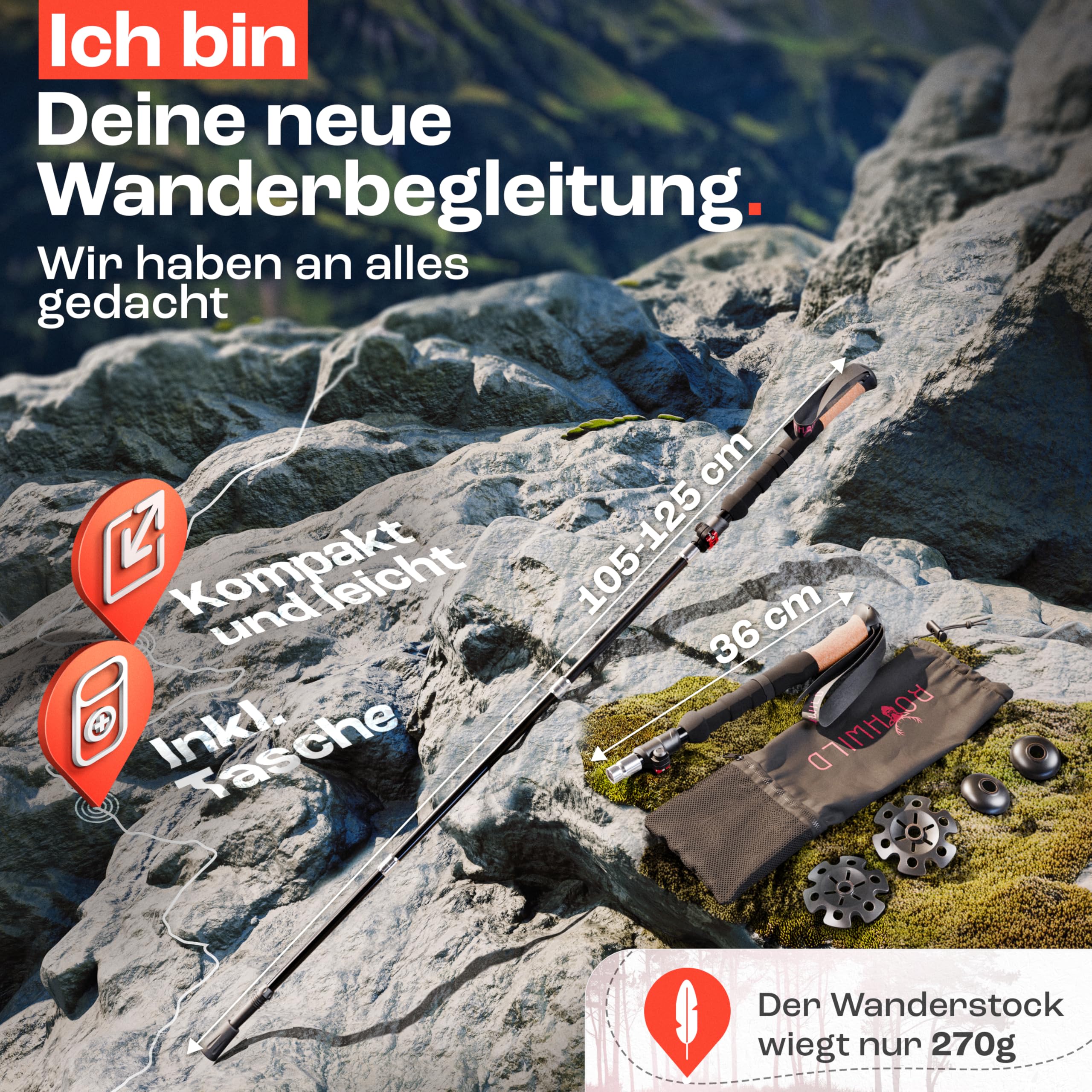 Rothwild Wanderstöcke faltbar – Trekkingstöcke Modell Luchs mit Korkgriff – Länge verstellbar – leichte Faltstöcke für Damen & Herren inkl. Tasche