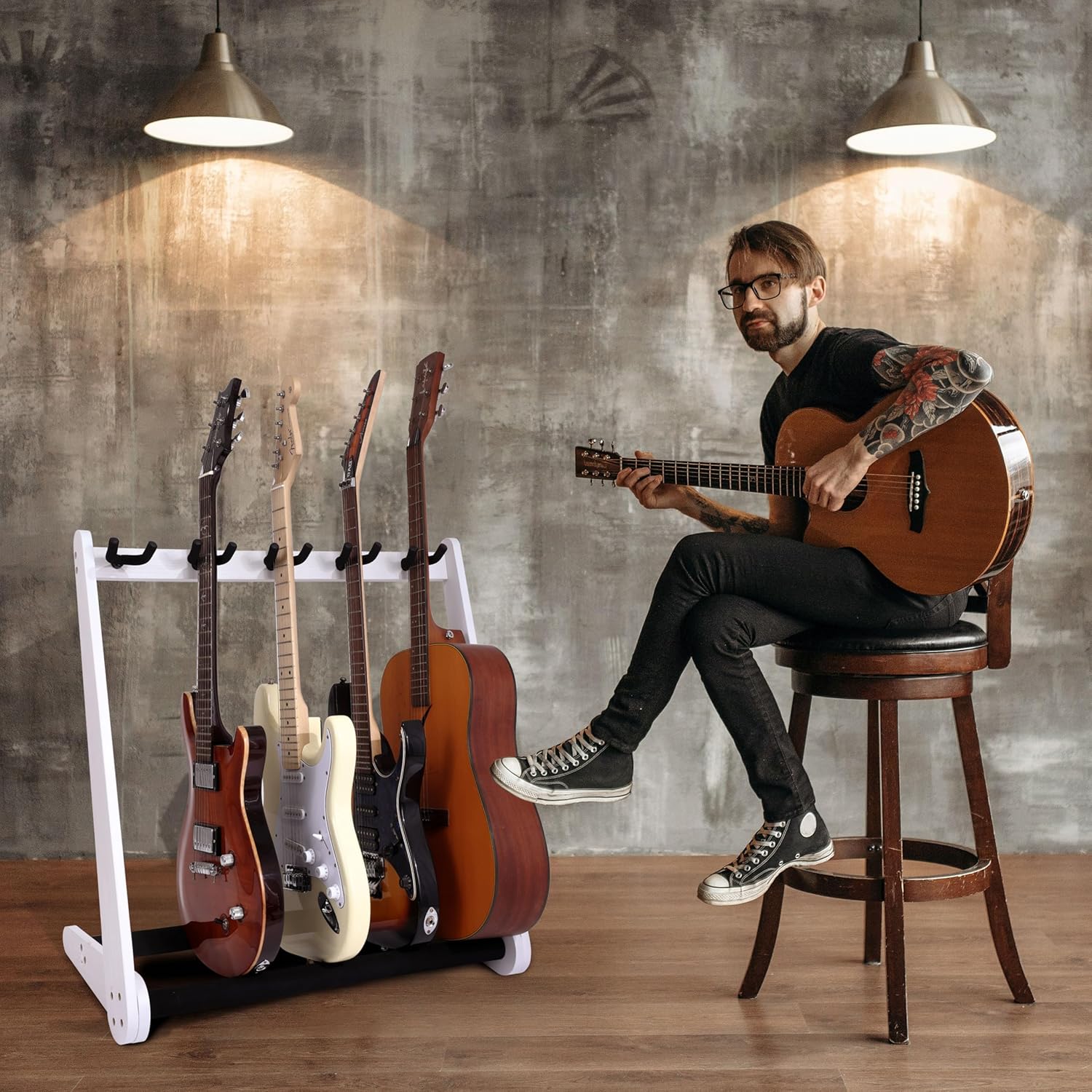 Nefelibata Multi-Purpose Guitar Stands 5 Wooden Guitar Rack Floor Stand for Guitars and Cases, Electric Guitars, Acoustic Guitars, Bass Guitars, Cellos - German Ash (White)