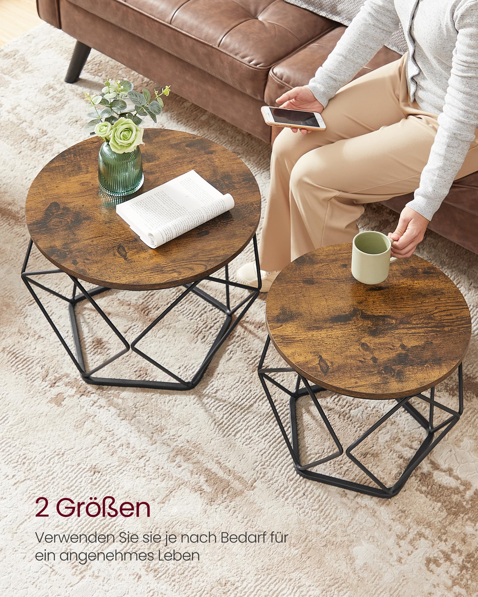 VASAGLE Couchtisch rund, 2er Set, Wohnzimmertisch, Beistelltisch, Vintage-Flair, abnehmbare Tischplatte, für Wohnzimmer, vintagebraun-tintenschwarz LET040B01