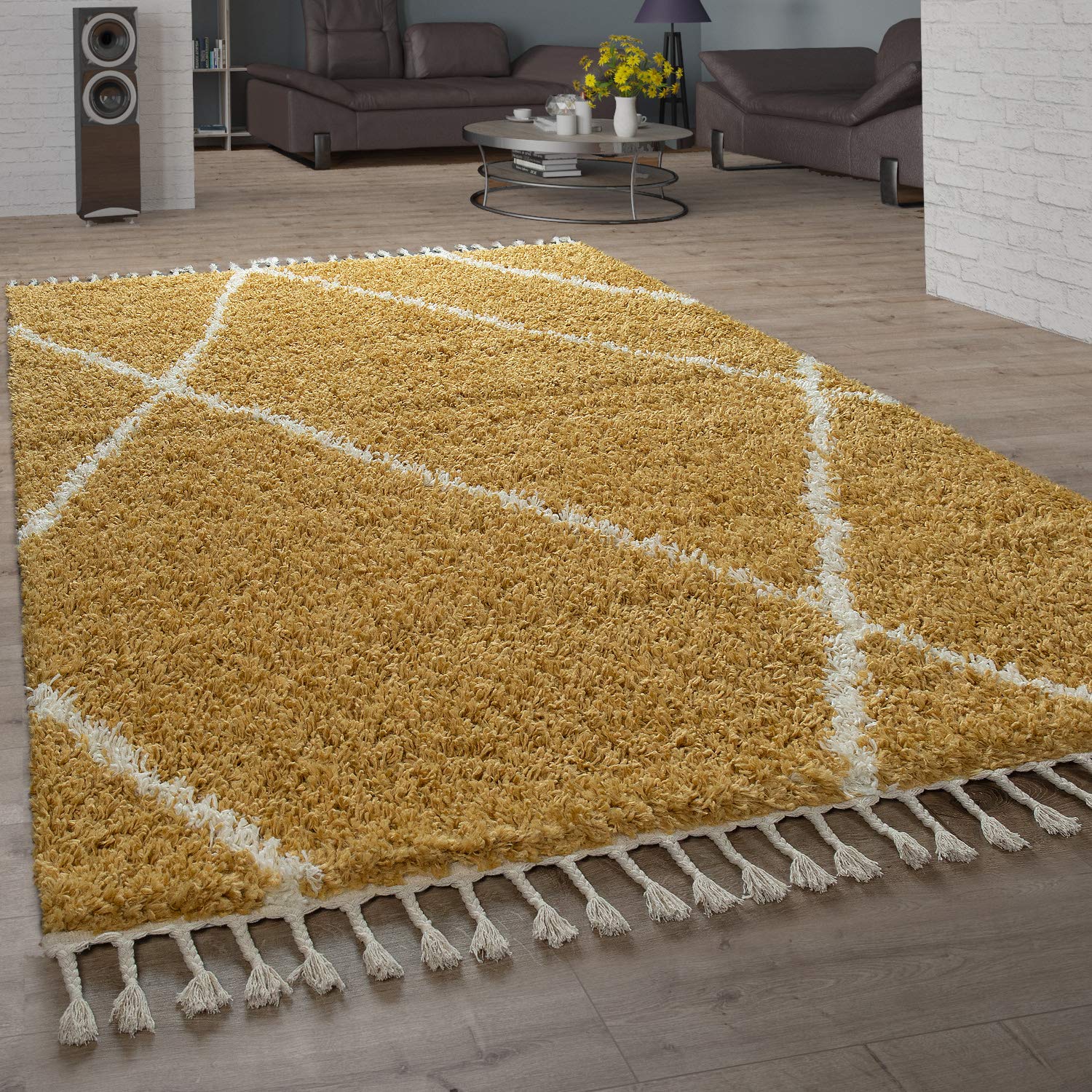 Paco Home Shaggy Teppich Wohnzimmer Hochflor Rauten Muster Skandi Design, Grösse:140x200 cm, Farbe:Gelb