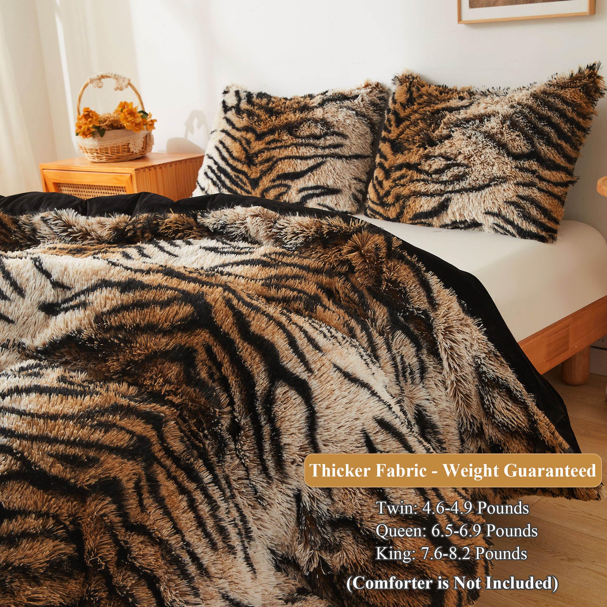 XeGe Tiger Print Fluffy Faux Fur Duvet Cover Set, 3 Pieces Soft Plush Shaggy Fuzzy Bedding Set(1 Farmhouse Comforter Cover + 2 Furry Pillow Cases), Zipper Closure(Queen, Tiger Print Brown): Queen Tiger Print Brown