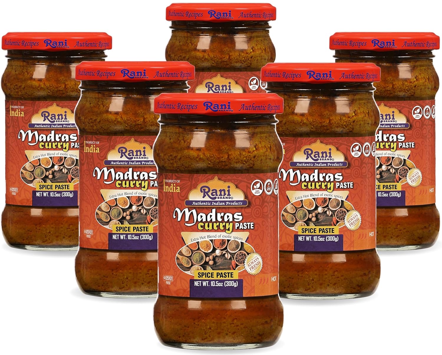 Rani Madras Curry Cooking Spice Paste 10.5oz (300g) Glass Jar, Pack of 5+1 FREE ~ No Colors | All Natural | NON-GMO | Vegan | Gluten Free | Indian Origin