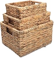 VATIMA Water Hyacinth Storage Baskets with Wooden Handles - Set of 3 Woven Organizer Bins for Pantry, Closet, Bathroom, Natural Home Decor