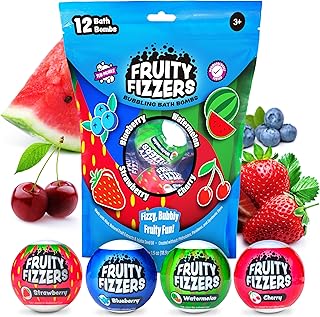 Tub Works® Fruity Fizzers™ Bubbling Bath Bombs for Kids, Variety 12 Pack | Dye-Free & Naturally-Derived | Gentle Kids Bath Bombs for Fizzy, Fruity, Bubbly Fun | Toddler BathBombs with Fruit Extracts