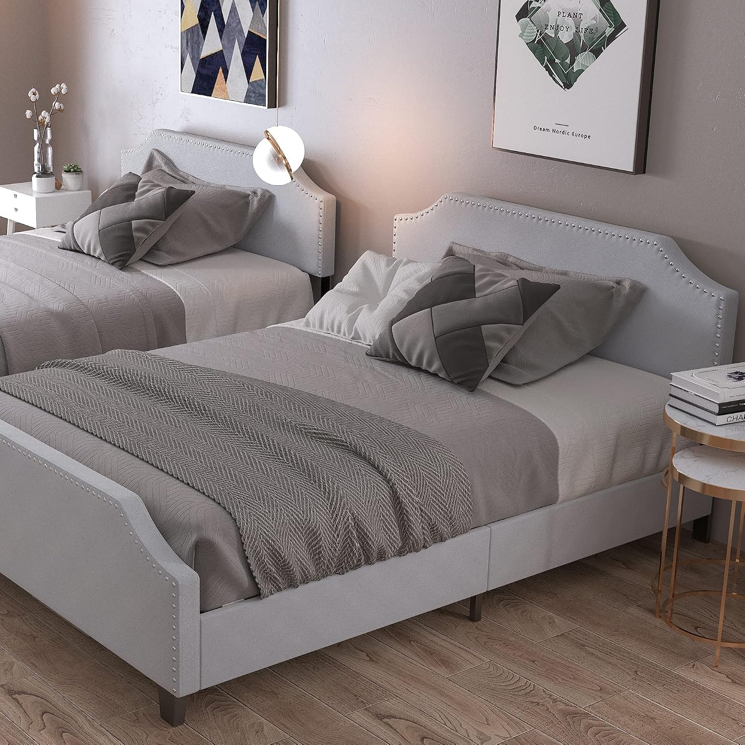 LIKIMIO Full Size Bed Frame, Modern Upholstered Platform Bed with Headboard and Footboard, Heavy Duty Wood Slat Support, Easy Assembly, No Box Spring Needed, Light Grey