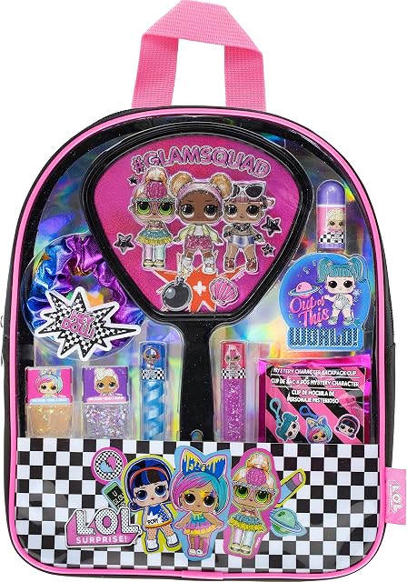 L.O.L Surprise! Townley Girl Backpack Cosmetic Makeup Set 10 Pieces, Including Lip Gloss, Nail Polish, Scrunchy, Mirror and Surprise Keychain, Ages 5+ for School Parties, Sleepovers and Makeovers