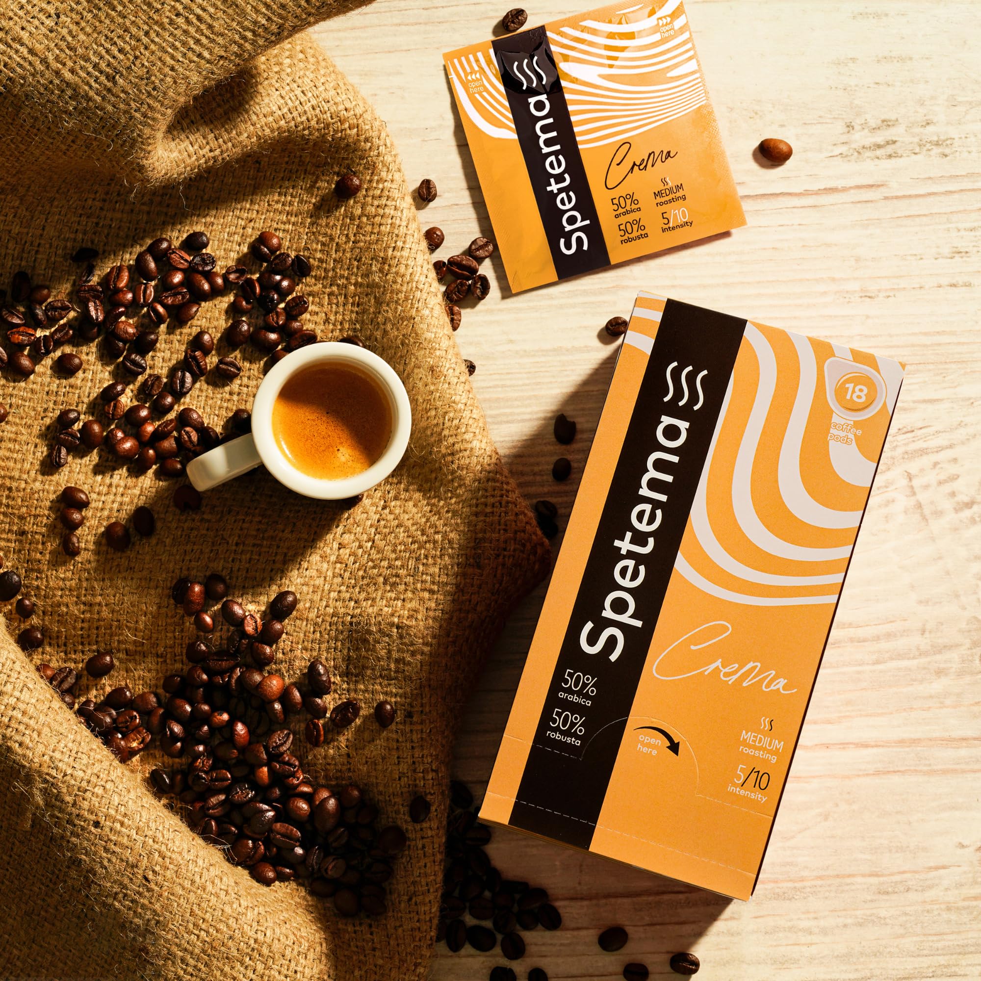 Spetema E.S.E Kaffeepads ESPRESSO CREMA, 144 Pads, Intensität 5/10 | Mittlere Röstung, 50% Arabica & 50% Robusta, 144 E.S.E Coffee Pods für Pad-Maschine, (8 Boxen x 18 Pads)