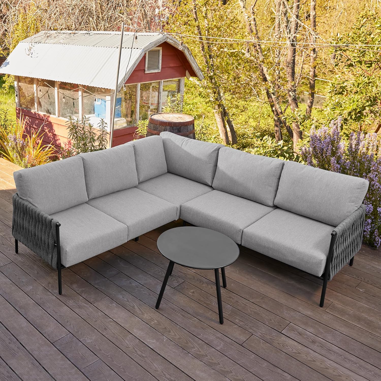 east oak life chatter outdoor patio furniture set, l shaped corner sofa set with round coffee table, 5 seats deep seating with thick cushions, black & grey misty grey-2023 corner sofa set