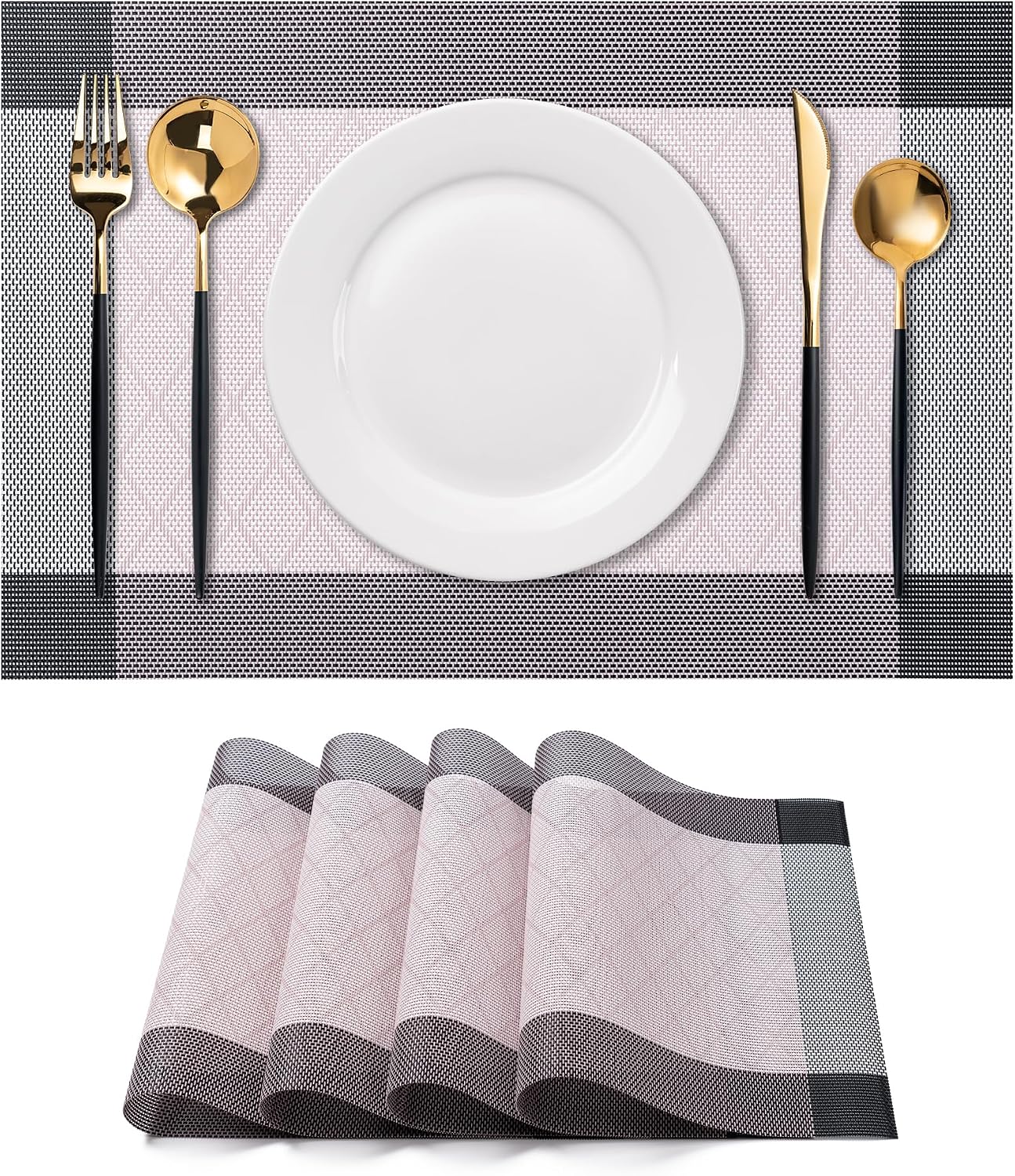 CADONO Placemats Set of 4 Washable Indoor/Outdoor Vinyl Place Mats for Dining Table Durable Non-Slip Heat Resistant PVC Weave Table Mats（Beige）