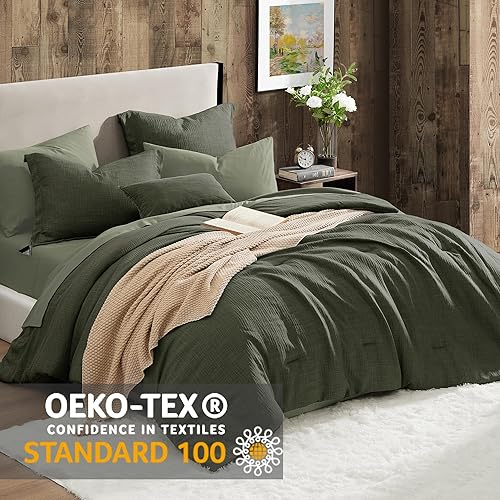 Miniatura 2 de Geniospin Juego de edredón Queen de 7 piezas, ropa de cama sólida con sábanas y fundas de almohada para todas las estaciones (verde oscuro)