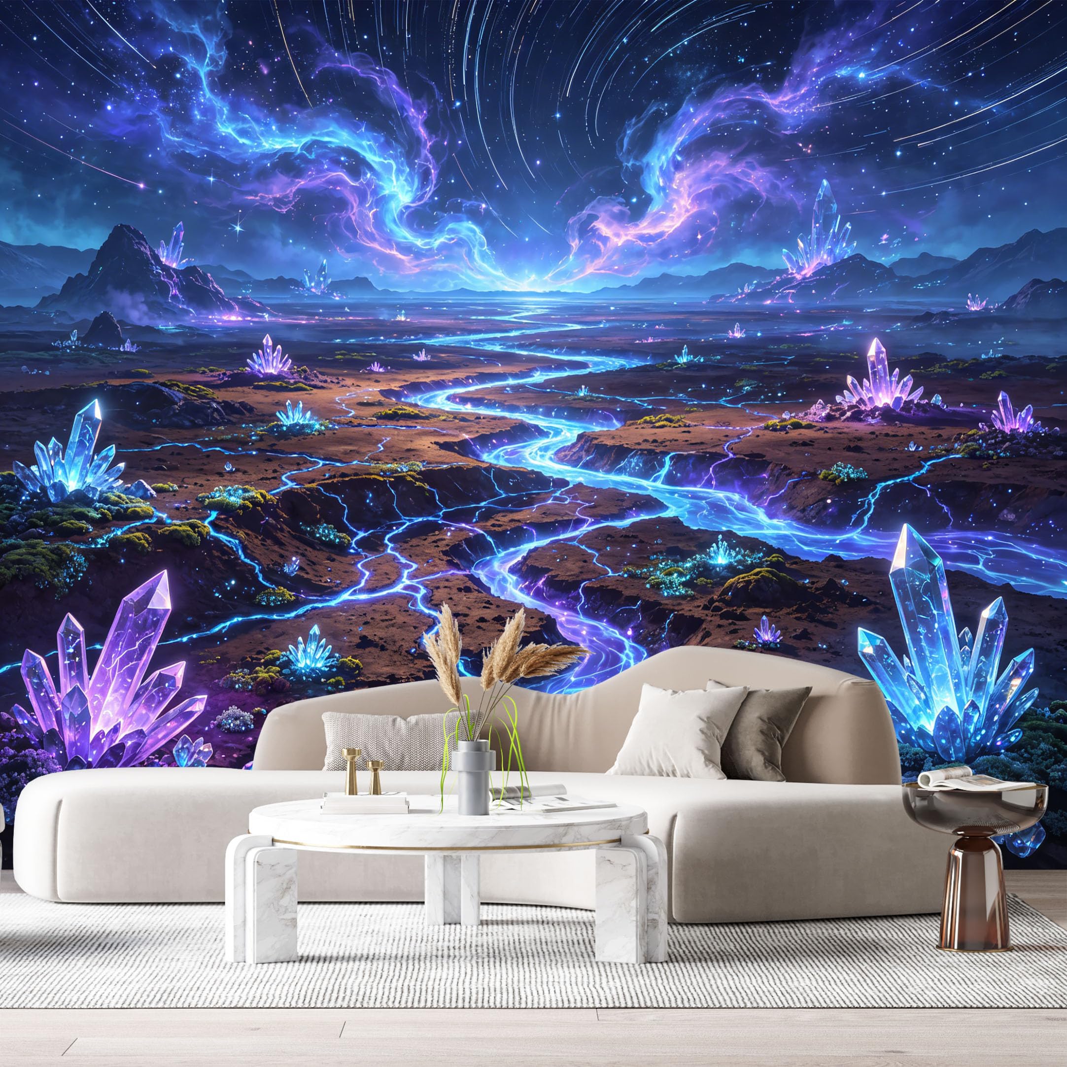 Custom Size Wall Murals Cosmic Galaxy Fantasy Landscape Glowing Crystals Nebula SelfAdhesiveWall Fabric Removable Wallpaper Wall Decor for Living Room Bedroom Bathroom
