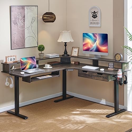 Miniatura 9 de RedLemon Escritorio eléctrico de pie en forma de L, altura del motor de 60 pulgadas, escritorio de esquina ajustable con LED, escritorio grande para